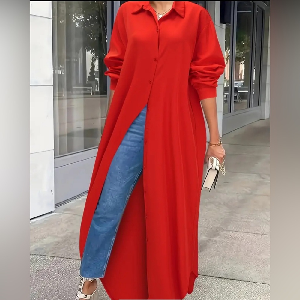 Red stylish versatile shirt dress ; medium